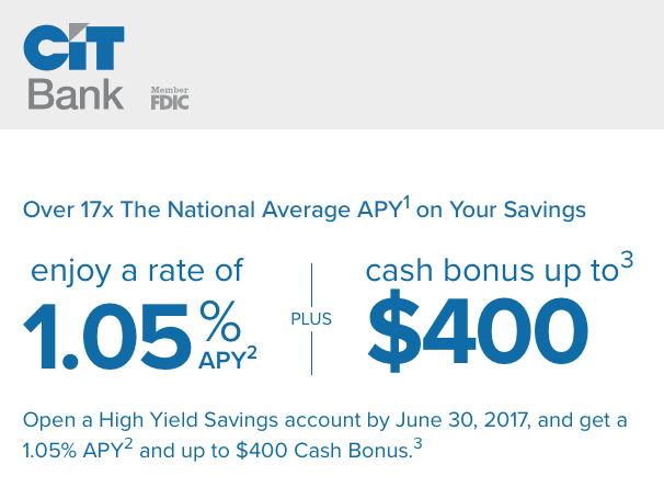 CIT Bank $400 Bonus with 1.05% APY High Yield Savings Account
