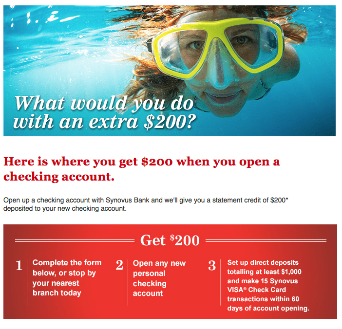 Synovus Bank 200 Checking Account Bonus Promotion