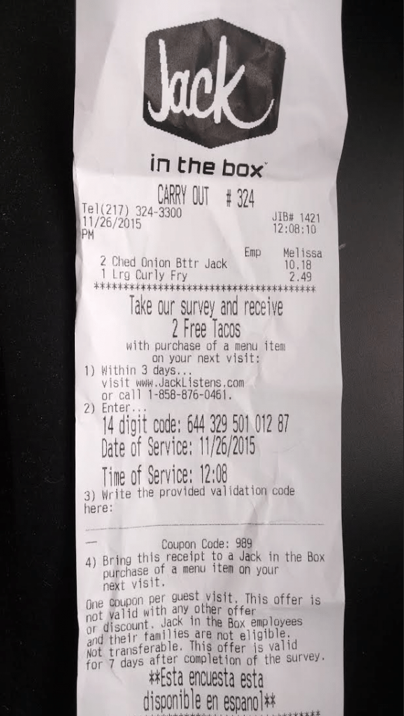 Jack in the Box Receipt Survey for 2 Free Tacos