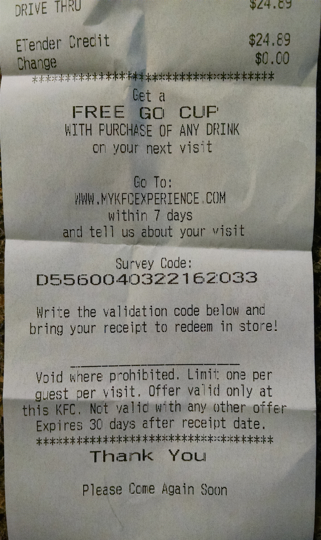 Kentucky Fried Chicken Receipt Survey for Free Go Cup