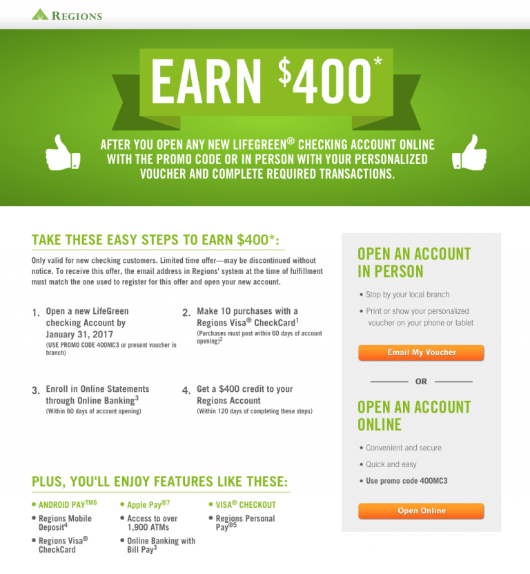 Regions Bank 400 LifeGreen Checking Account Bonus