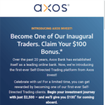 Axos Invest $100 Self-Directed Trading Bonus