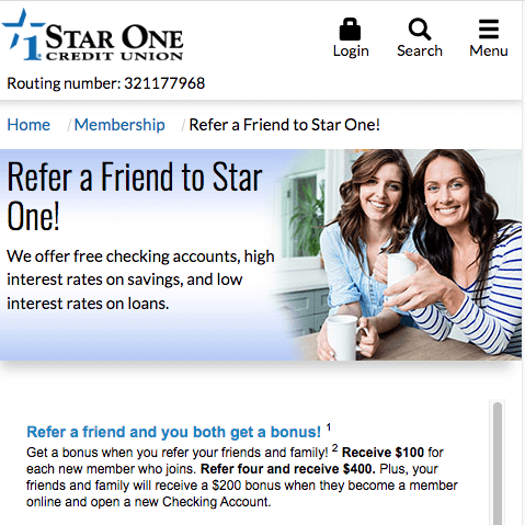 Star One Credit Union: $200 New Member Bonus + $100 Referrals