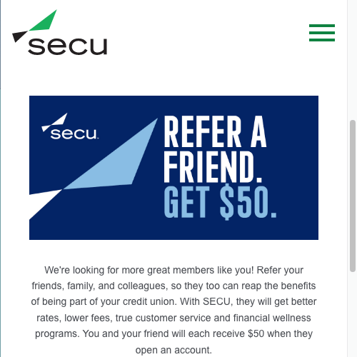 SECU in Maryland 250 Total Checking Bonus & 50 Referrals